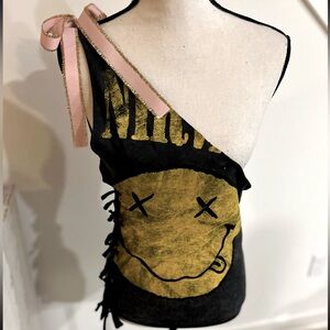 42.  Upcycled Nirvana One Shoulder Bow Acid Wash Shirt